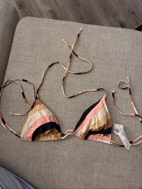 Rip Curl Striped Triangle Bikini Top in Pink, Black, Tan, Cream